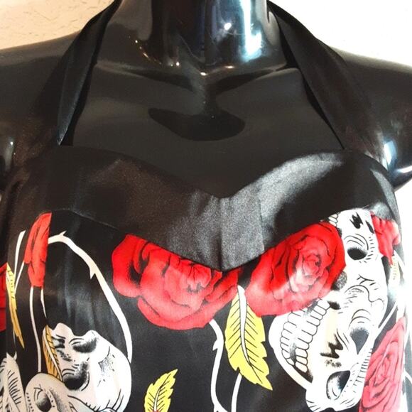 Dress Tells NEW Whimsigoth Skulls Roses Lace Corset Bow Back Halter Swing Dress - Picture 2 of 9